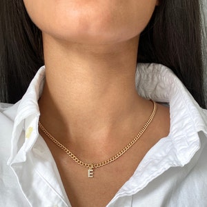 May include: A gold chain necklace with a small pendant in the shape of the letter "E" with small clear stones. The necklace is worn by a person with long dark hair.