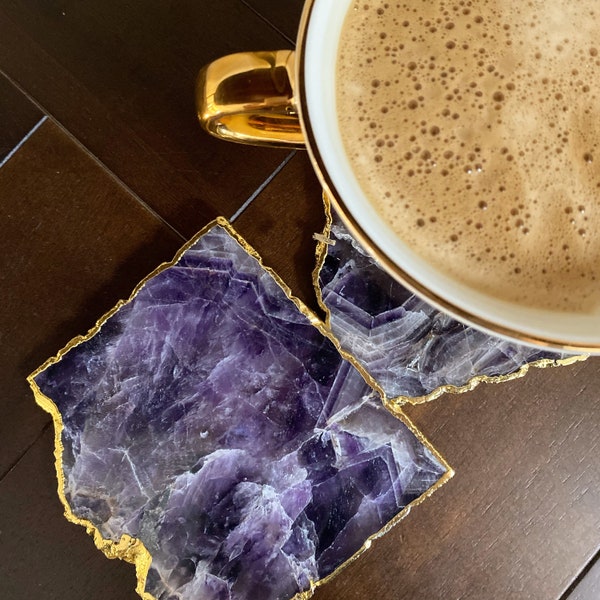 Luxury Coasters - Purple Amethyst Crystal with Gold Edge (Geode Coaster / Agate Coaster) - Office Desk Accessories - Home Gifts
