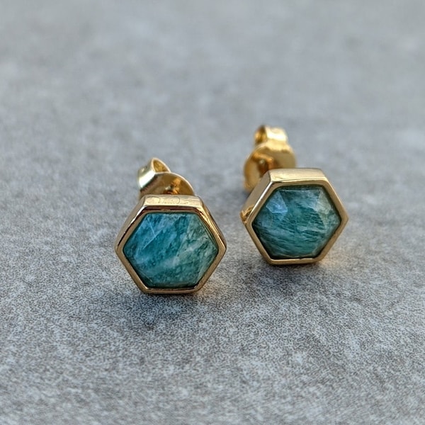 Natural Gemstone Stud Earrings | 18k Gold Plated Earrings | Birthstone Gift Apatite Rose Quartz Malachite Moonstone Amazonite Labradorite