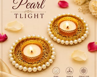 Pearl Embellished Gold Tea Light Holders Set of 2 | Festive Diwali Wedding Decor