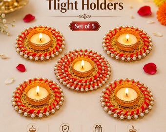 Handcrafted Tea Light Holders Set of 5 | Red Gold Pearl Festive Diya Decor