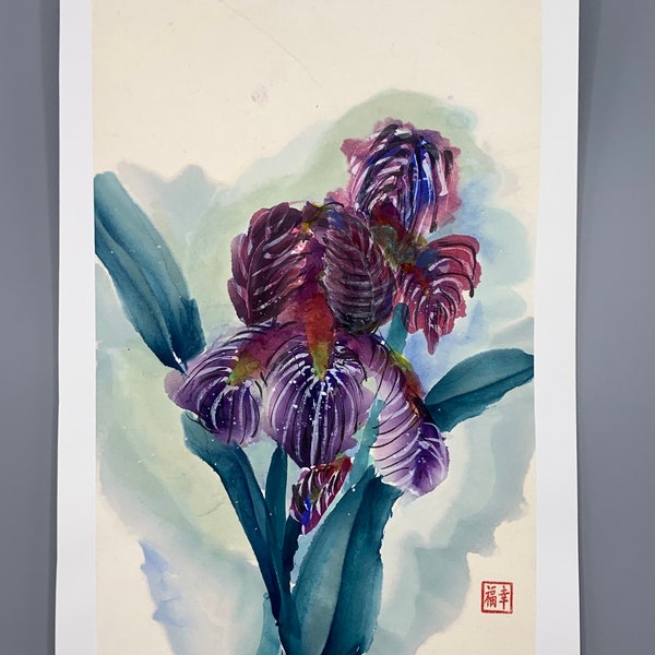 Iris, japanisches Reispapier verstärkt (geklebt) auf dickem Whatman-Papier, japanische Mineralfarben, japanische Tinte, Sumi-e.