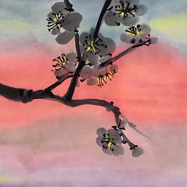 Aquarell Pflaumenblütenzweig, Sakura, japanische Mineralfarben, japanische Trockenriebtinte, Sumi-e Kunst Still, оригинальные ручные работы.