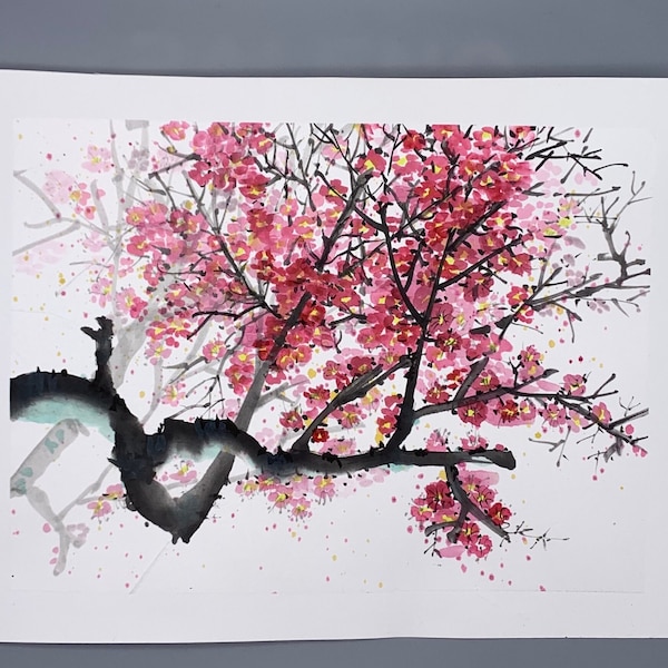 Aquarell Pflaumenblütenzweig, Sakura, japanische Mineralfarben, japanische Trockenriebtinte, Sumi-e Kunst Still, оригинальные ручные работы.