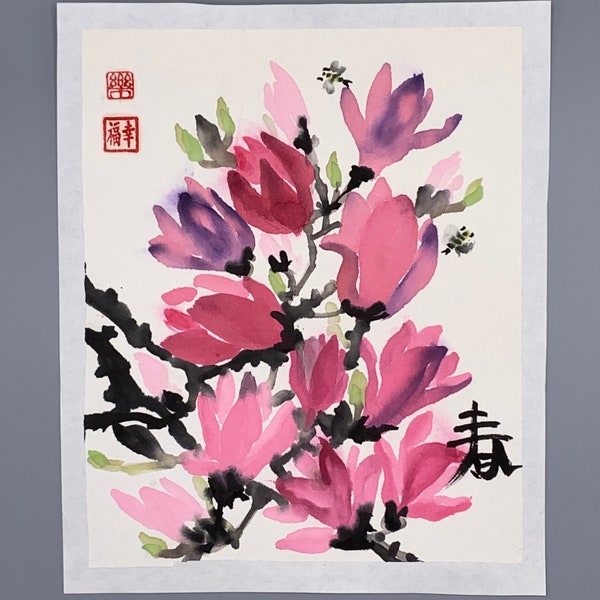 Magnolie, Gemälde, Reispapier, Tinte, japanische Mineralfarben, Sumi-e Stil, Original, Handgefertigt