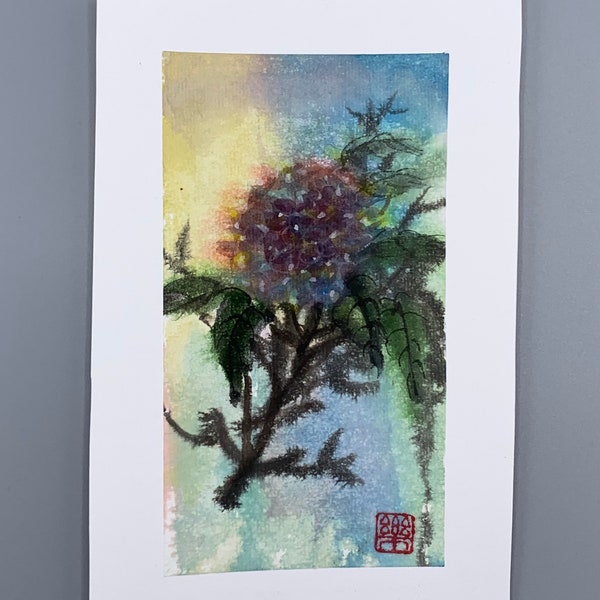 Aquarell Hortensie, japanische Tusche- und Mineralfarbenmalerei auf Reispapier, japanischer Sumi-e Still, handgefertigt, original.