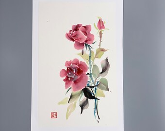 Bild Aquarell Blume, rote Rosen, japanischer Sumi-e-Stil, Reispapier, japanische Mineralfarben, spontaner Stil, originalell