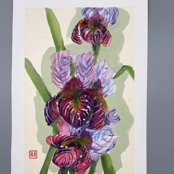 Iris Aquarell, Reispapier, japanische Mineralfarben Kuretaki, Sumi-e-Stil, Werk des Autors.