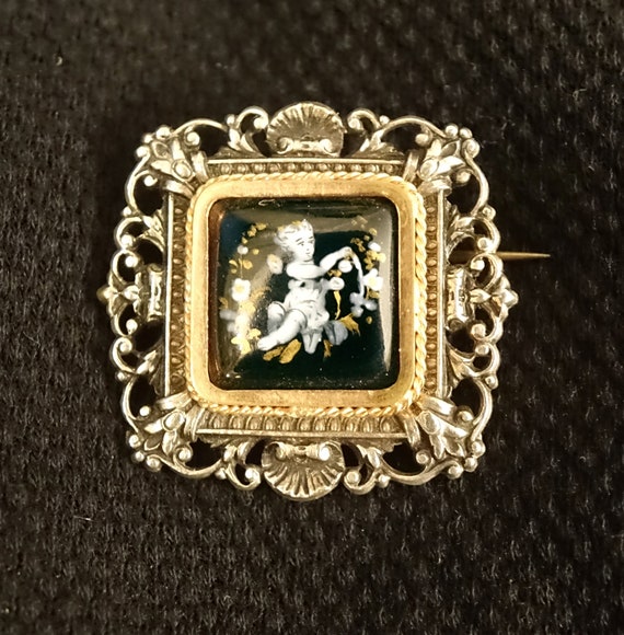 Antique Limoges French Glass Enamel Silver Brooch