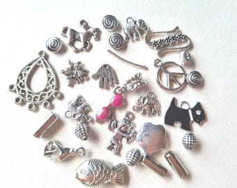 30g Jewelry Pendant Beads Mix, Silver, DIY Jewelry Making, 3-30 mm, Metal Beads, Many Different Shapes