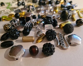 150g mixed beads, black, gold, silver, glass beads for stringing, metal beads (deer, heart, fish, elephant), jewelry making DIY
