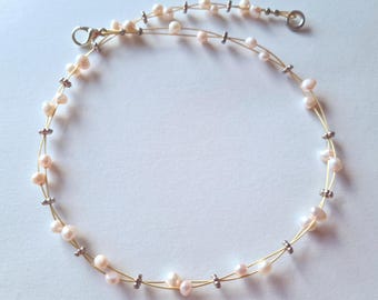 Cultured pearl necklace 41 cm - Pearl necklace, 2 strands, gold - Unique designer jewelry, handmade necklace - Gift for women 7142