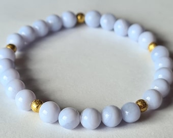 Chalcedony gemstone bracelet with silver beads, sterling silver, gold-plated, diamond-cut, flexible and stretchable, 6 mm beads