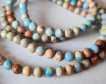 Strand of Imperial Jasper Regalith gemstone beads for stringing, 4 mm round blue beige jewelry making DIY