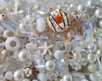 50g mixed beads, white, 4-12 mm, glass bead set, jewelry beads for stringing, DIY craft beads