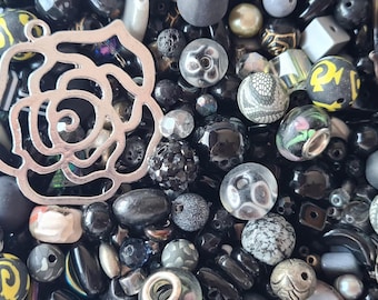 50g Mixed Beads, Black and Silver, 4-12 mm, Glass Bead Set for Jewelry Making, Craft Beads for Stringing, DIY Jewelry Supplies
