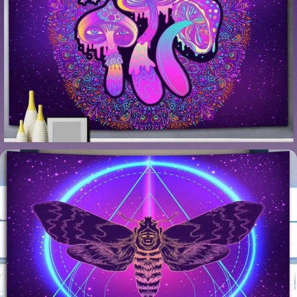 Fluorescent Tapestry, Trippy Mushroom Wall Hanging, Aesthetic Room Decor, Psychedelic Mushroom OR Fly wall decor 3D Art - 230 x 180 cm