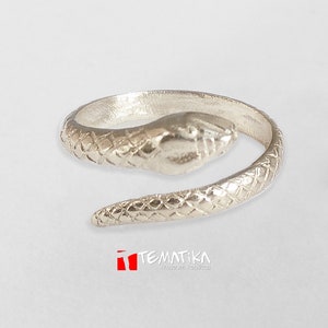 May include: A silver snake ring with a textured design. The snake is coiled around the ring and the head is facing forward.