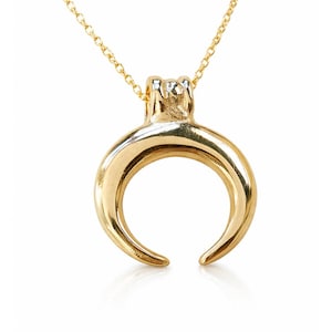 Può includere: Collana con pendente a mezzaluna dorata. Il pendente ha una forma liscia e curva con la parte inferiore aperta, sospeso a una delicata catena. La collana è esposta su sfondo bianco.