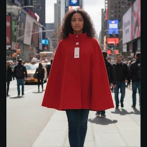 Puede incluir: Una capa roja vibrante con cuello alto y cierre de un solo botón. La capa se usa sobre jeans azul oscuro. Una etiqueta blanca cuelga de la capa. El fondo muestra una calle de la ciudad con peatones y edificios.