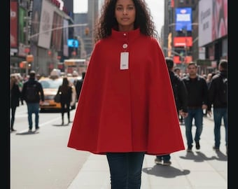 Elegant Red Cape, White Button Closure, Spring Summer Fall Wear