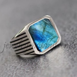 Natural Labradorite Ring, 925 Sterling Silver Men&#39;s Gemstone Ring, Labradorite Ring Men Jewelry, Art Deco Ring For Gift, father&#39;s day gifts