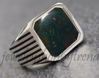 Anillo de sello de piedra de sangre natural para hombre: plata de ley 925