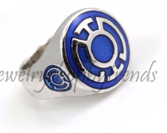 Anillo con símbolo de linterna azul: sello de plata de ley 925 para hombre