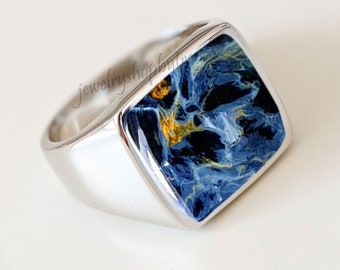 Anillo cuadrado de pietersita: anillo llamativo de plata de ley 925 con piedras preciosas