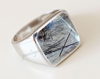 Anillo de sello de cuarzo rutilado negro: anillo de plata de ley 925 para hombre