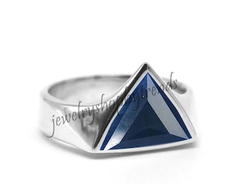 Blue Sapphire Ring, 925 Silver Mens Gemstone Ring, Mens Triangle Blue Sapphire Quartz Gemstone Ring, Sapphire Mens Signet Ring Gift For Men