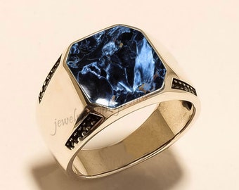 Anillo de piedra preciosa de pietersita: anillo de sello de plata de ley 925