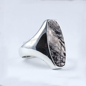 Black Rutile Quartz Mens Ring: Heavy Sterling Silver Tourmalated Ring