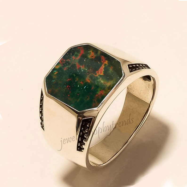 Mens Bloodstone Ring, Men's Ring With Natural Bloodstone in 925