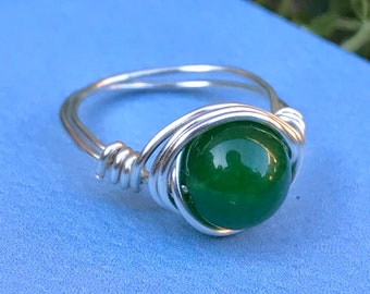 Green Jade Ring - Semi-Precious Stone Ring - Silver Plated Ring - Wire Wrapped Ring - Bohemian Ring - Boho Ring - Gemstone Ring - Boho