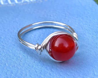 Red Jade Ring - Semi-Precious Stone Ring - Silver Plated Ring - Wire Wrapped Ring - Bohemian Ring - Boho Ring - Gemstone Ring - Boho