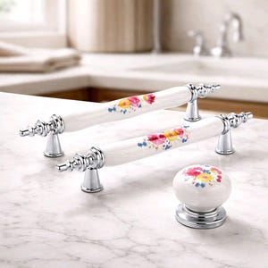 Tirador de porcelana floral para gabinete, pomo plateado, tirador de aleación de zinc