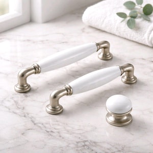 Puxador de porcelana branca para armário, puxador de gaveta em liga de zinco prateada