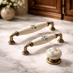 Antique Gold Keramik Schrank Griffe | Vintage Blaue Blumen Rose Schubladenknäufe