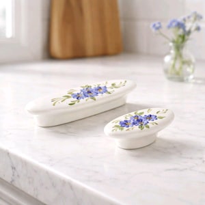 Pomos de porcelana con flores azules para gabinetes y tiradores de tocador
