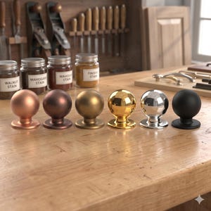 May include: A collection of six cabinet knobs in various metallic finishes, including copper, bronze, brass, gold, silver, and black. The knobs are displayed on a wooden surface, with jars of wood stain in the background.