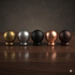 Peut inclure: Cinq embouts décoratifs avec des dessus sphériques et des bases évasées, alignés. Les finitions comprennent l'or antique, l'argent, le noir, le cuivre et le bronze. Ils sont présentés sur une surface en bois foncé. Chaque embout mesure environ 5 cm de haut.