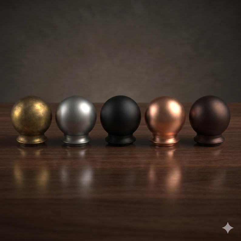 May include: Five decorative finials with spherical tops and flared bases, in a row. Finishes include antique gold, silver, black, copper, and bronze. They are displayed on a dark wooden surface. Each finial is approximately 5 cm in height.