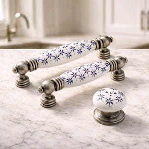 Navy Blue Geometric Floral Porcelain Cabinet Pulls | Antique Silver Mediterranean Handle