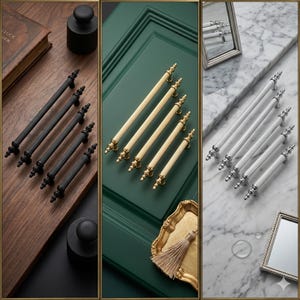 May include: A collection of cabinet pulls in three different finishes: matte black, gold, and silver. Each pull features a ribbed design and decorative end details. The pulls are arranged on a wooden surface, a green door, and a marble surface.