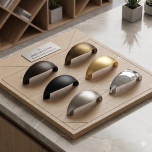 Puxadores modernos em liga de zinco, formato de concha, 64 mm, disponíveis em 6 acabamentos.