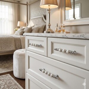 White Porcelain Cabinet Handle, Silver, Ball Knob, Wardrobe Pull