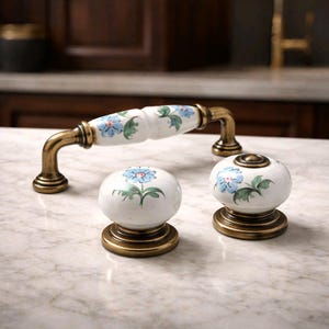 Flowered Porcelain Cabinet Knob, Bronze Zinc Alloy, Turkish Handle