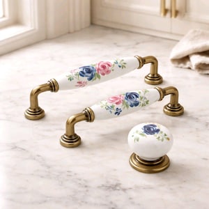 Floral Porcelain Cabinet Pulls, Bronze Drawer Handles, White Furniture Knobs