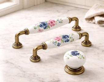 Tiradores de porcelana con diseño floral para gabinetes, tiradores de bronce para cajones y pomos blancos para muebles.